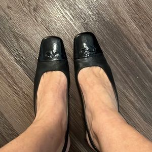 Salvatore Ferragamo retro black square toe and heeled black leather sling backs